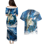 Sulphur-crested Cockatoo New Zealand Christmas In July Couples Matching Puletasi and Hawaiian Shirt NZ Aroha Koru Fern Marble Vibes