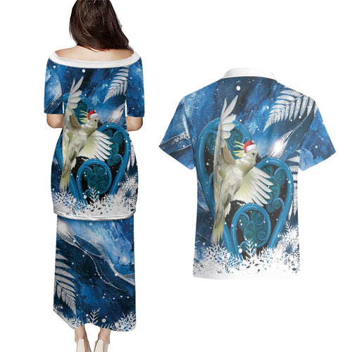 Sulphur-crested Cockatoo New Zealand Christmas In July Couples Matching Puletasi and Hawaiian Shirt NZ Aroha Koru Fern Marble Vibes