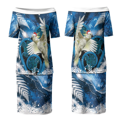 Sulphur-crested Cockatoo New Zealand Christmas In July Couples Matching Puletasi and Long Sleeve Button Shirt NZ Aroha Koru Fern Marble Vibes LT14