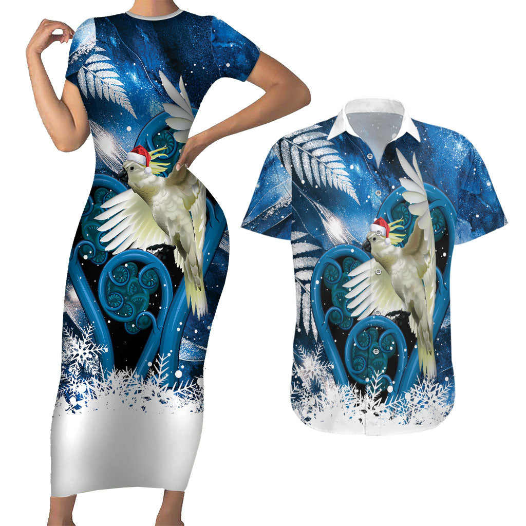 Sulphur-crested Cockatoo New Zealand Christmas In July Couples Matching Short Sleeve Bodycon Dress and Hawaiian Shirt NZ Aroha Koru Fern Marble Vibes