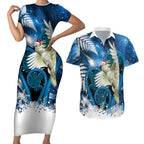 Sulphur-crested Cockatoo New Zealand Christmas In July Couples Matching Short Sleeve Bodycon Dress and Hawaiian Shirt NZ Aroha Koru Fern Marble Vibes
