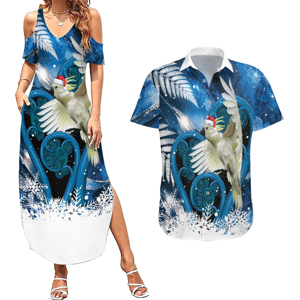 Sulphur-crested Cockatoo New Zealand Christmas In July Couples Matching Summer Maxi Dress and Hawaiian Shirt NZ Aroha Koru Fern Marble Vibes
