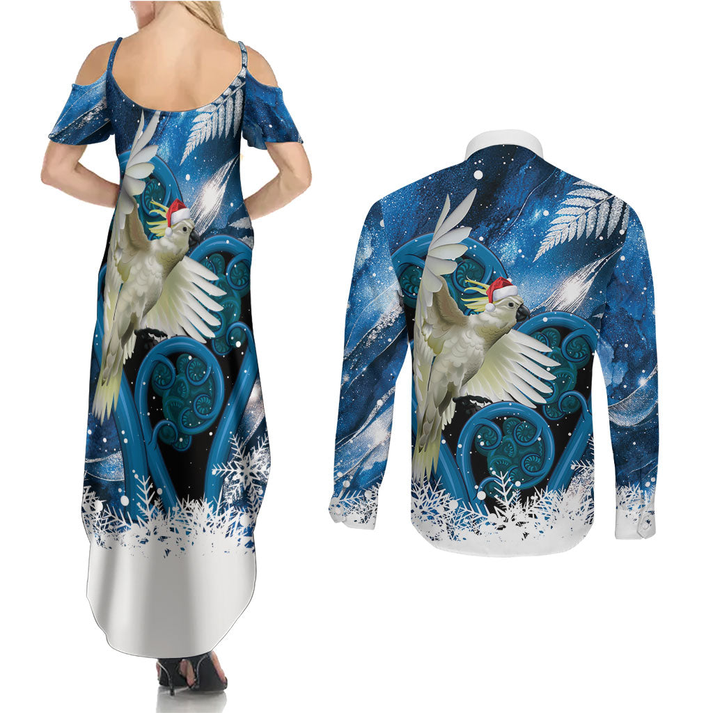 Sulphur-crested Cockatoo New Zealand Christmas In July Couples Matching Summer Maxi Dress and Long Sleeve Button Shirt NZ Aroha Koru Fern Marble Vibes