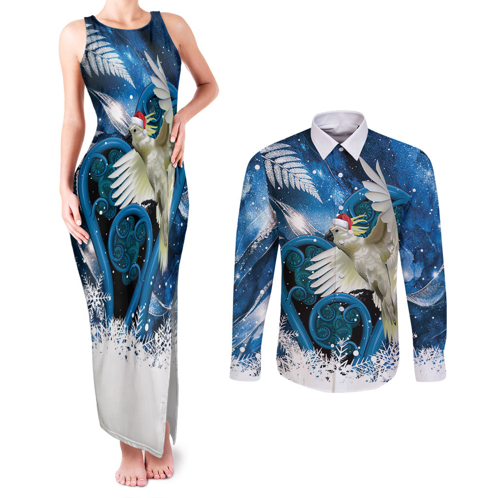 Sulphur-crested Cockatoo New Zealand Christmas In July Couples Matching Tank Maxi Dress and Long Sleeve Button Shirt NZ Aroha Koru Fern Marble Vibes