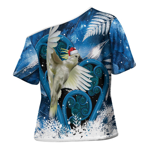 Sulphur-crested Cockatoo New Zealand Christmas In July Cross Shoulder Shirt NZ Aroha Koru Fern Marble Vibes