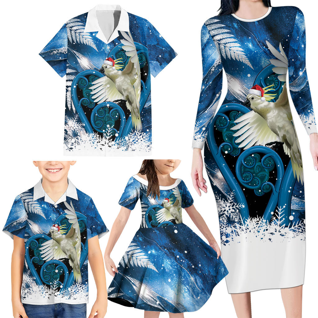 Sulphur-crested Cockatoo New Zealand Christmas In July Family Matching Long Sleeve Bodycon Dress and Hawaiian Shirt NZ Aroha Koru Fern Marble Vibes