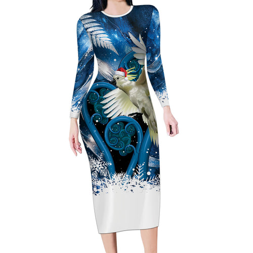 Sulphur-crested Cockatoo New Zealand Christmas In July Family Matching Long Sleeve Bodycon Dress and Hawaiian Shirt NZ Aroha Koru Fern Marble Vibes
