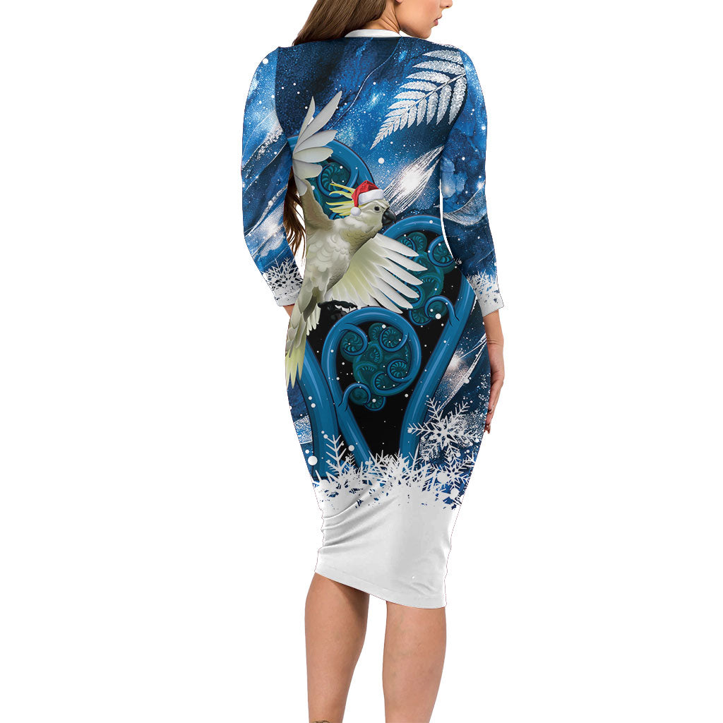 Sulphur-crested Cockatoo New Zealand Christmas In July Family Matching Long Sleeve Bodycon Dress and Hawaiian Shirt NZ Aroha Koru Fern Marble Vibes