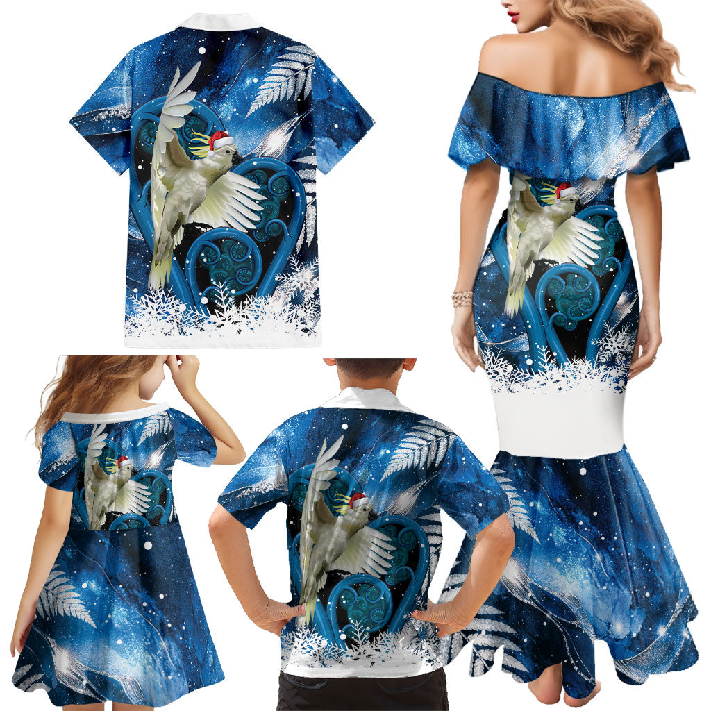 Sulphur-crested Cockatoo New Zealand Christmas In July Family Matching Mermaid Dress and Hawaiian Shirt NZ Aroha Koru Fern Marble Vibes