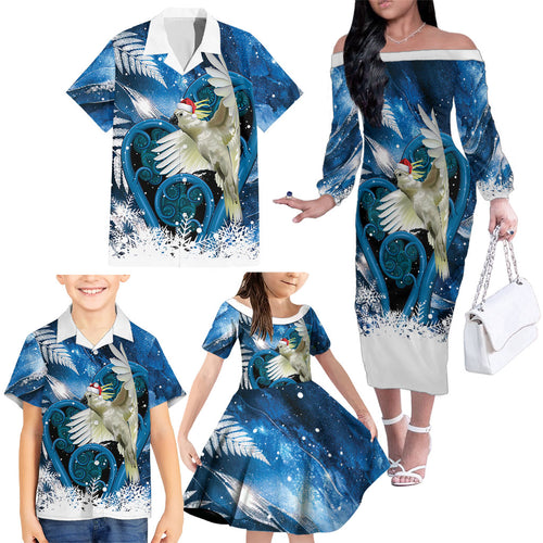 Sulphur-crested Cockatoo New Zealand Christmas In July Family Matching Off The Shoulder Long Sleeve Dress and Hawaiian Shirt NZ Aroha Koru Fern Marble Vibes