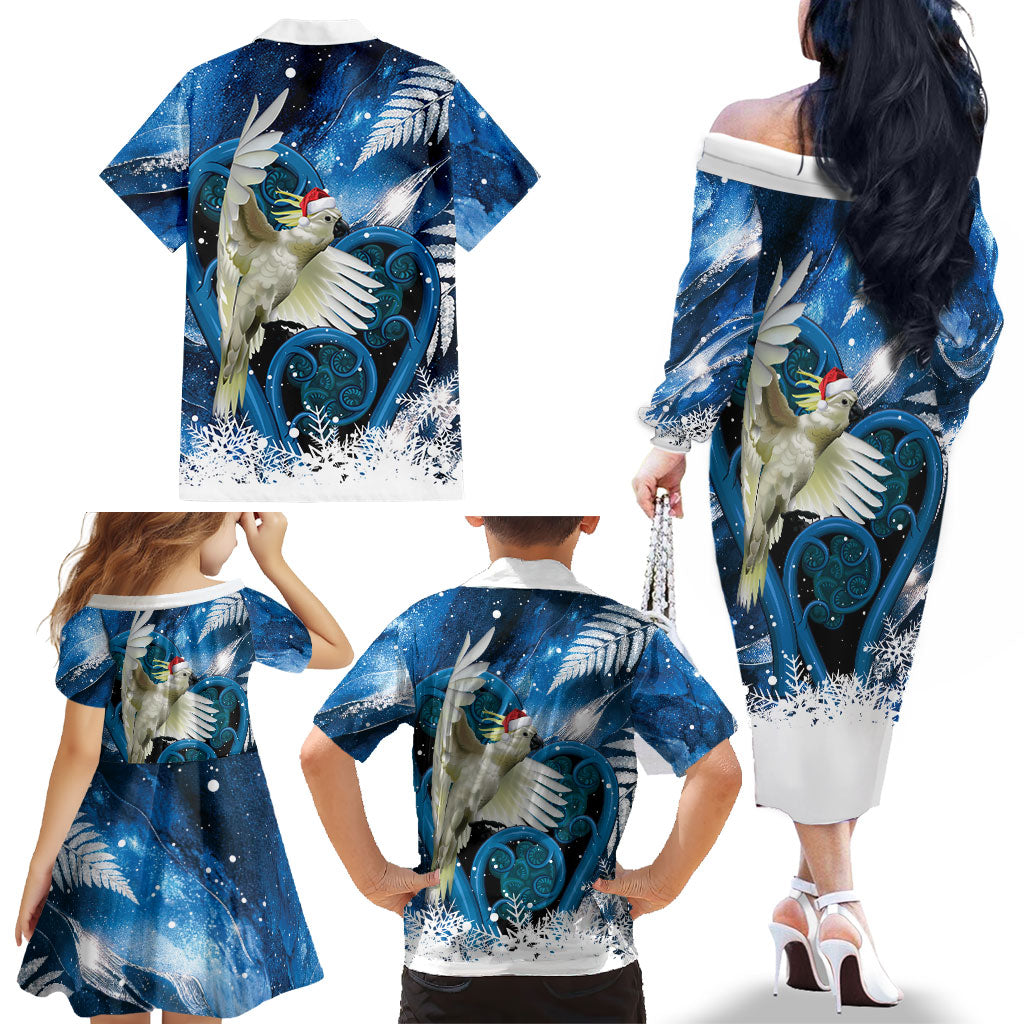 Sulphur-crested Cockatoo New Zealand Christmas In July Family Matching Off The Shoulder Long Sleeve Dress and Hawaiian Shirt NZ Aroha Koru Fern Marble Vibes