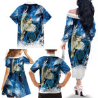 Sulphur-crested Cockatoo New Zealand Christmas In July Family Matching Off The Shoulder Long Sleeve Dress and Hawaiian Shirt NZ Aroha Koru Fern Marble Vibes