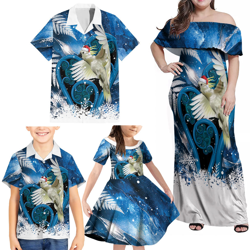 Sulphur-crested Cockatoo New Zealand Christmas In July Family Matching Off Shoulder Maxi Dress and Hawaiian Shirt NZ Aroha Koru Fern Marble Vibes