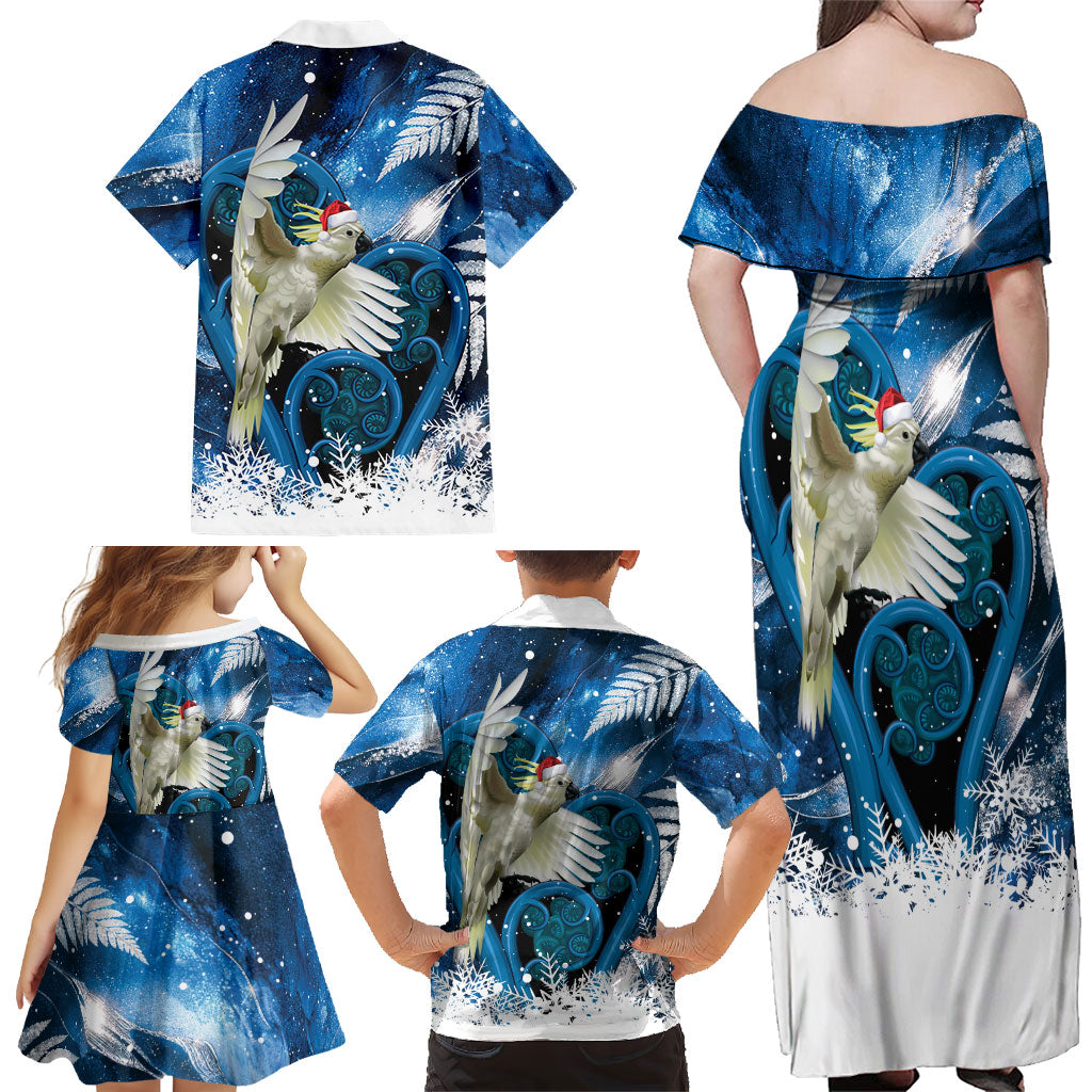 Sulphur-crested Cockatoo New Zealand Christmas In July Family Matching Off Shoulder Maxi Dress and Hawaiian Shirt NZ Aroha Koru Fern Marble Vibes