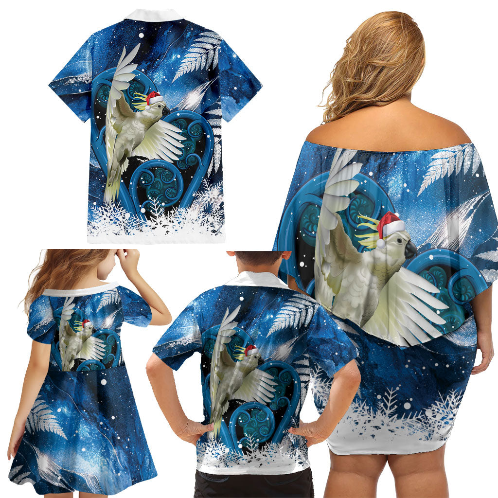Sulphur-crested Cockatoo New Zealand Christmas In July Family Matching Off Shoulder Short Dress and Hawaiian Shirt NZ Aroha Koru Fern Marble Vibes