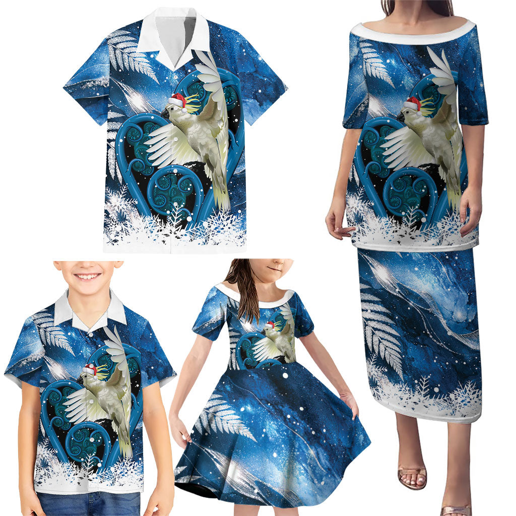 Sulphur-crested Cockatoo New Zealand Christmas In July Family Matching Puletasi and Hawaiian Shirt NZ Aroha Koru Fern Marble Vibes
