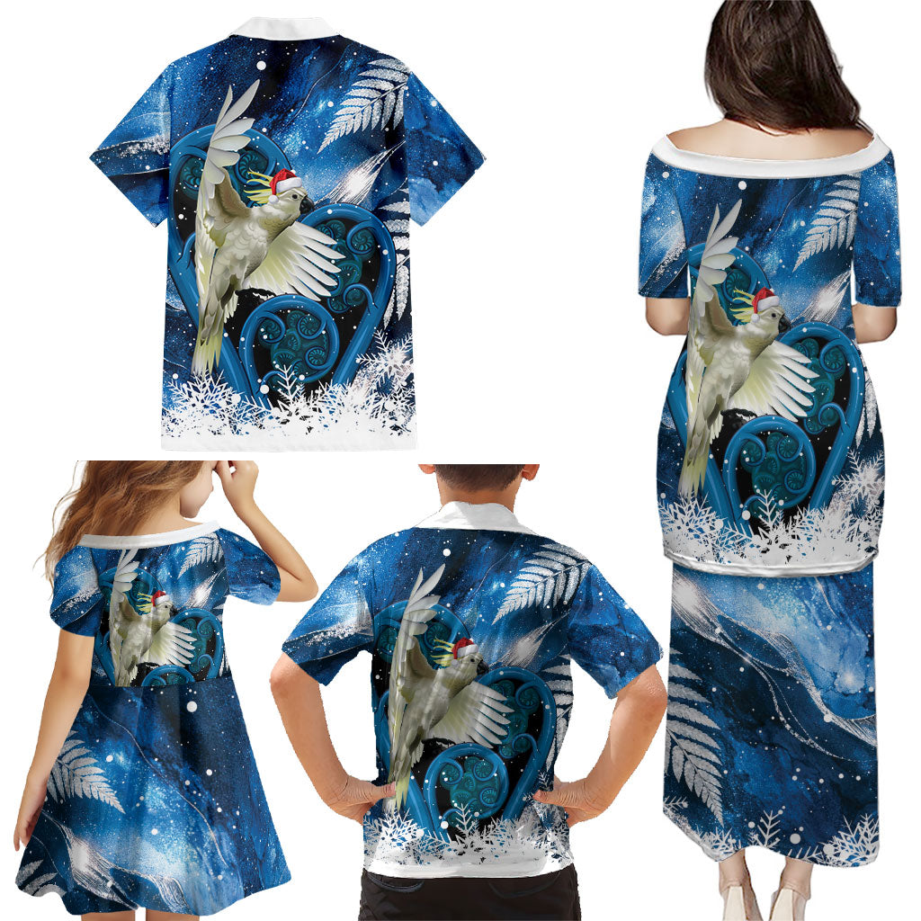 Sulphur-crested Cockatoo New Zealand Christmas In July Family Matching Puletasi and Hawaiian Shirt NZ Aroha Koru Fern Marble Vibes