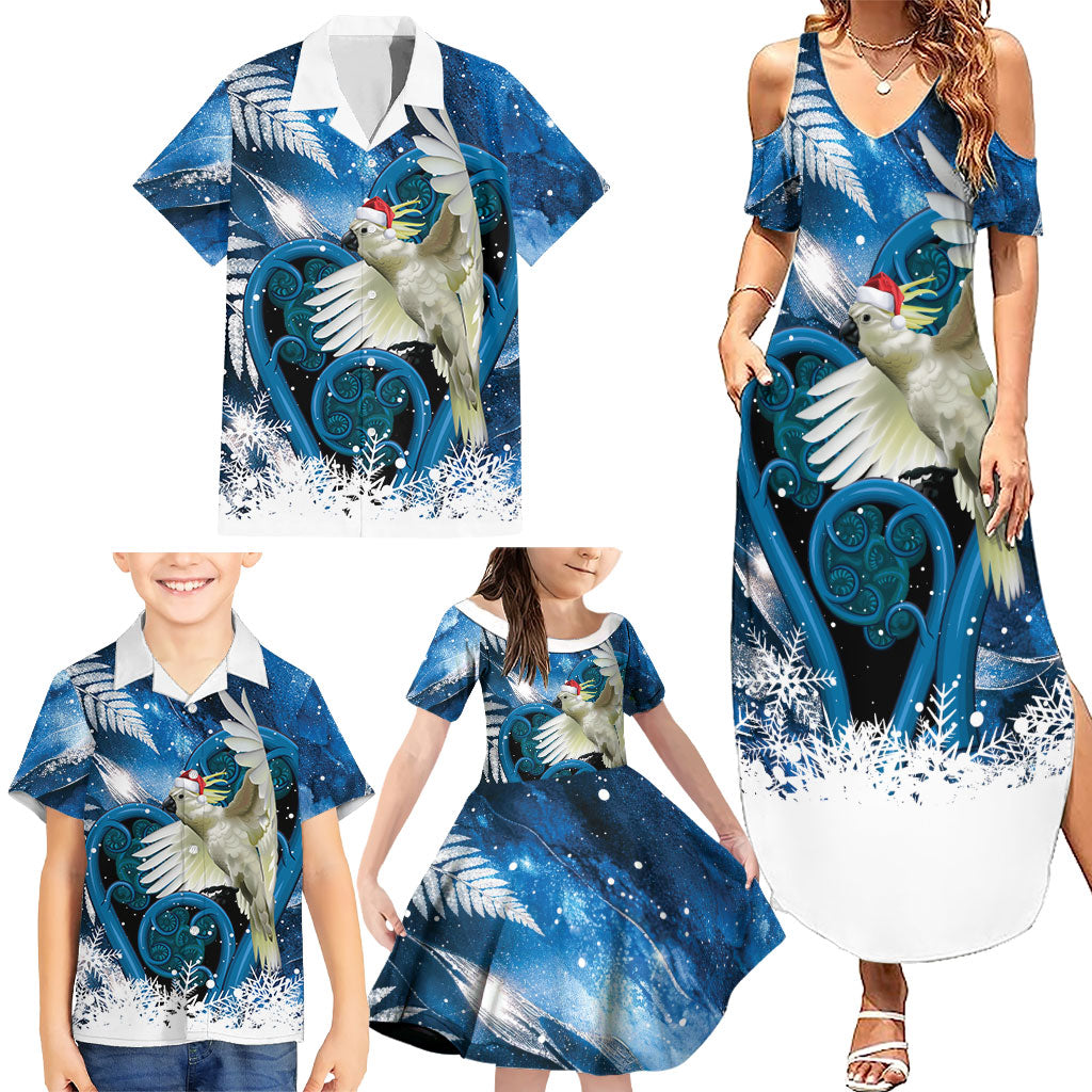 Sulphur-crested Cockatoo New Zealand Christmas In July Family Matching Summer Maxi Dress and Hawaiian Shirt NZ Aroha Koru Fern Marble Vibes