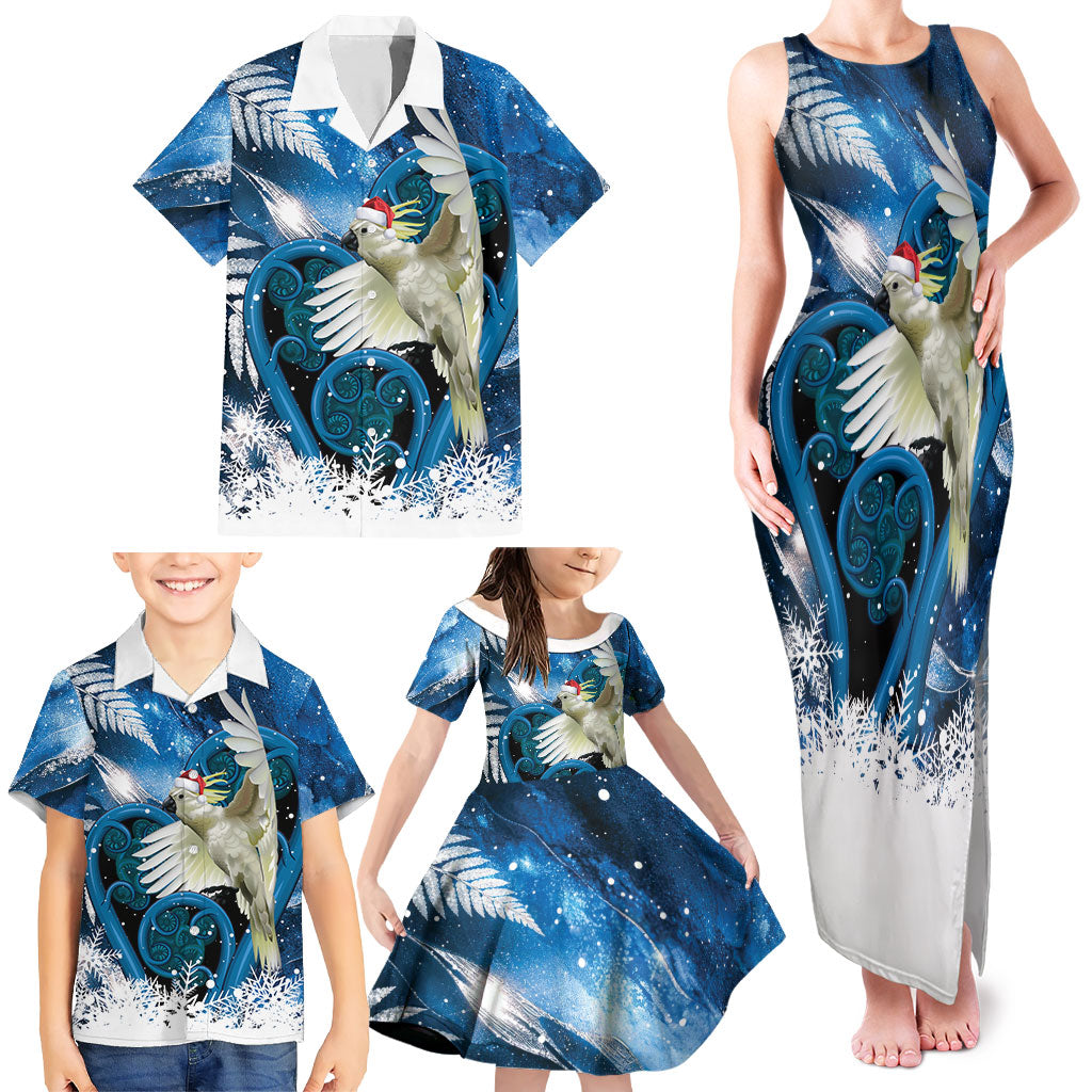 Sulphur-crested Cockatoo New Zealand Christmas In July Family Matching Tank Maxi Dress and Hawaiian Shirt NZ Aroha Koru Fern Marble Vibes