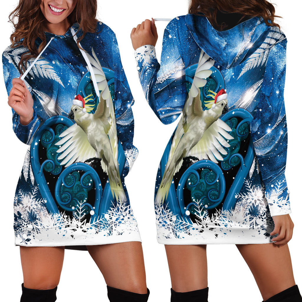 Sulphur-crested Cockatoo New Zealand Christmas In July Hoodie Dress NZ Aroha Koru Fern Marble Vibes