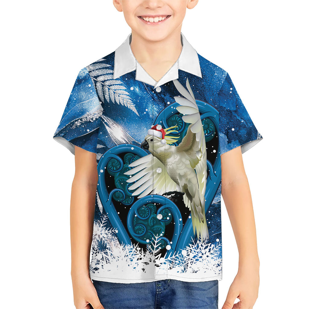 Sulphur-crested Cockatoo New Zealand Christmas In July Kid Hawaiian Shirt NZ Aroha Koru Fern Marble Vibes