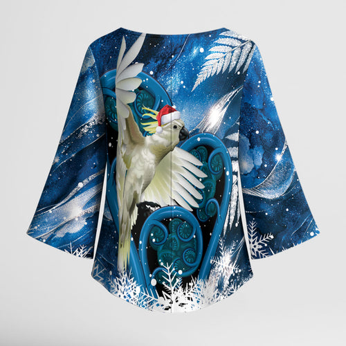 Sulphur-crested Cockatoo New Zealand Christmas In July Kimono Sleeve Blouse NZ Aroha Koru Fern Marble Vibes