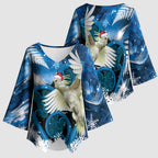Sulphur-crested Cockatoo New Zealand Christmas In July Kimono Sleeve Blouse NZ Aroha Koru Fern Marble Vibes