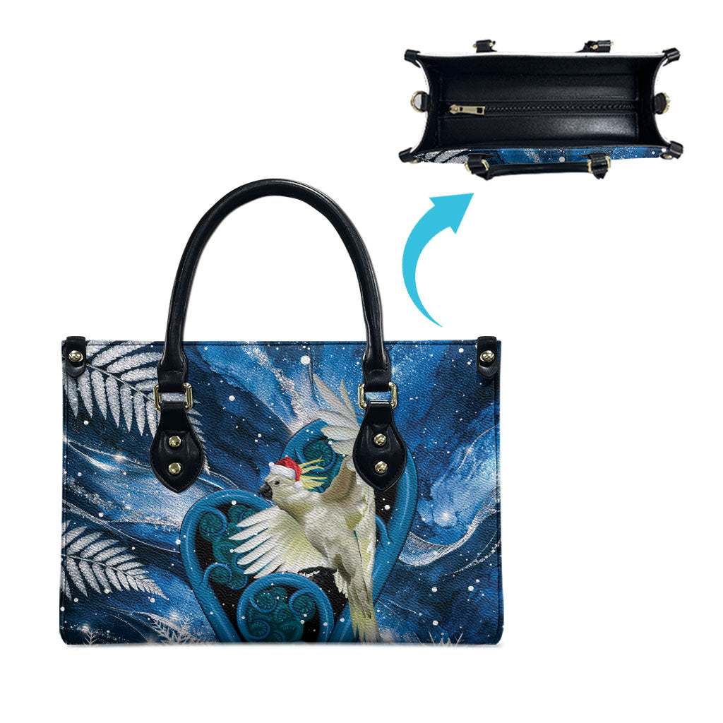 Sulphur-crested Cockatoo New Zealand Christmas In July Leather Bag NZ Aroha Koru Fern Marble Vibes