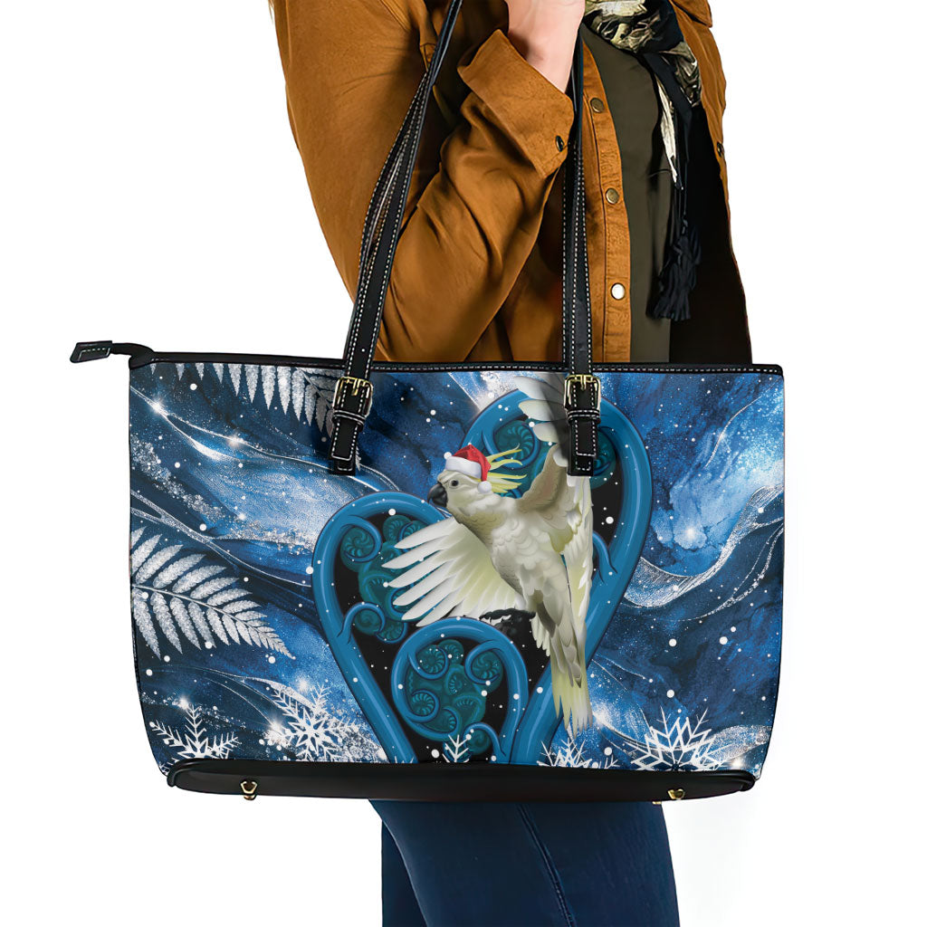 Sulphur-crested Cockatoo New Zealand Christmas In July Leather Tote Bag NZ Aroha Koru Fern Marble Vibes