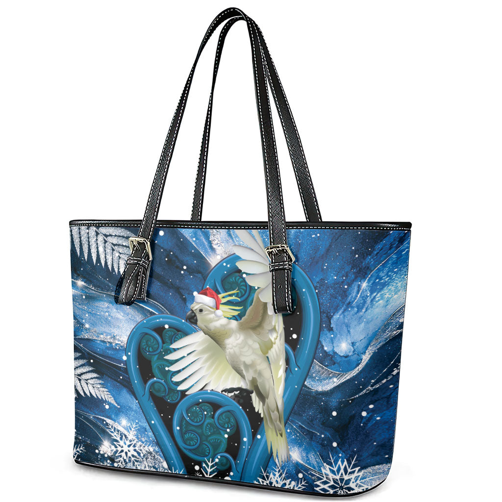 Sulphur-crested Cockatoo New Zealand Christmas In July Leather Tote Bag NZ Aroha Koru Fern Marble Vibes