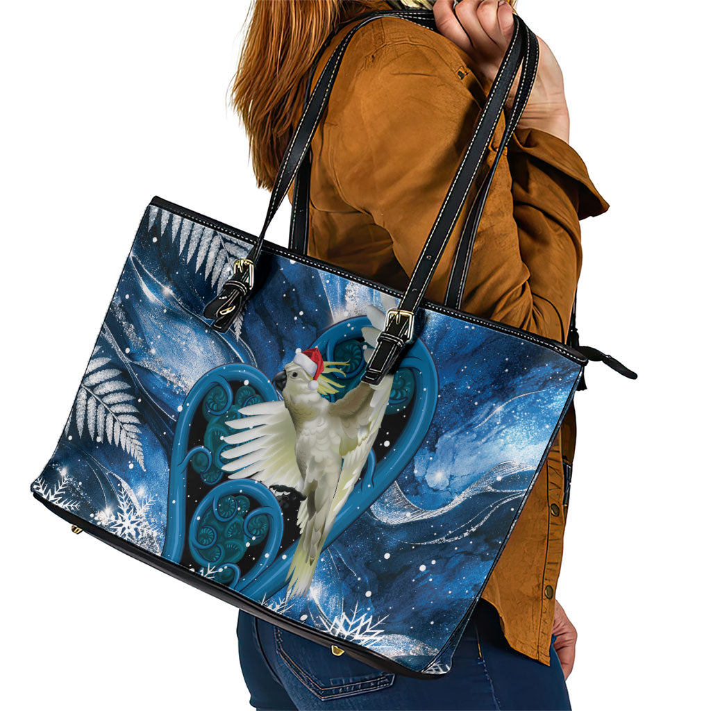 Sulphur-crested Cockatoo New Zealand Christmas In July Leather Tote Bag NZ Aroha Koru Fern Marble Vibes