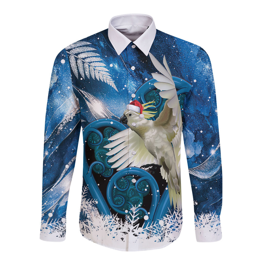Sulphur-crested Cockatoo New Zealand Christmas In July Long Sleeve Button Shirt NZ Aroha Koru Fern Marble Vibes