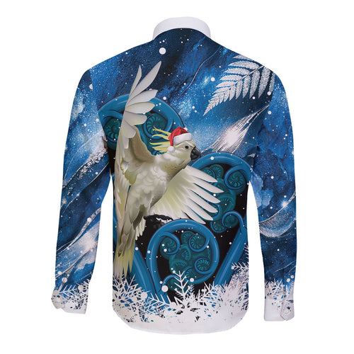 Sulphur-crested Cockatoo New Zealand Christmas In July Long Sleeve Button Shirt NZ Aroha Koru Fern Marble Vibes