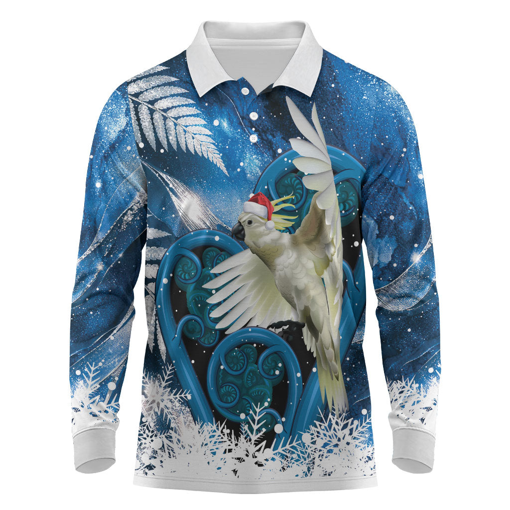 Sulphur-crested Cockatoo New Zealand Christmas In July Long Sleeve Polo Shirt NZ Aroha Koru Fern Marble Vibes