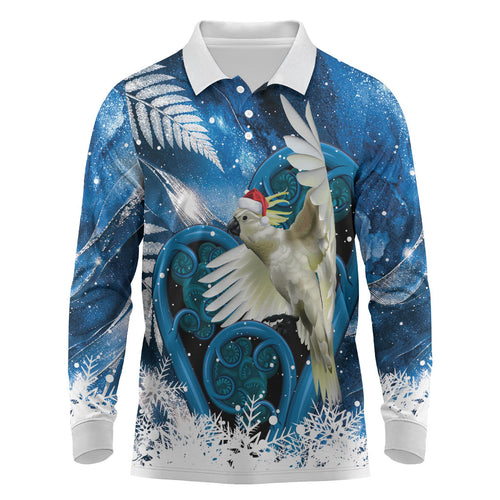 Sulphur-crested Cockatoo New Zealand Christmas In July Long Sleeve Polo Shirt NZ Aroha Koru Fern Marble Vibes