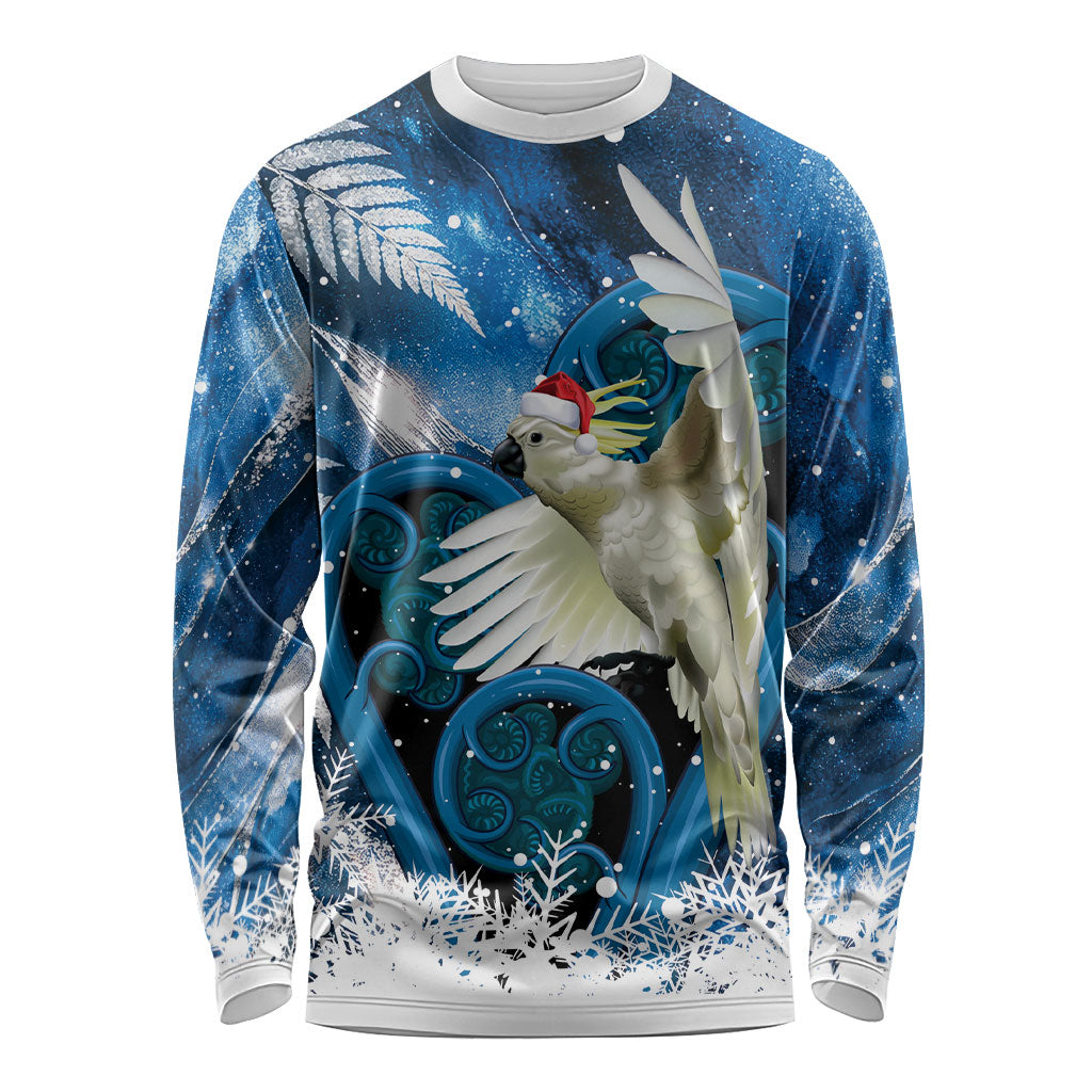 Sulphur-crested Cockatoo New Zealand Christmas In July Long Sleeve Shirt NZ Aroha Koru Fern Marble Vibes
