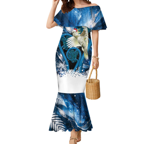 Sulphur-crested Cockatoo New Zealand Christmas In July Mermaid Dress NZ Aroha Koru Fern Marble Vibes