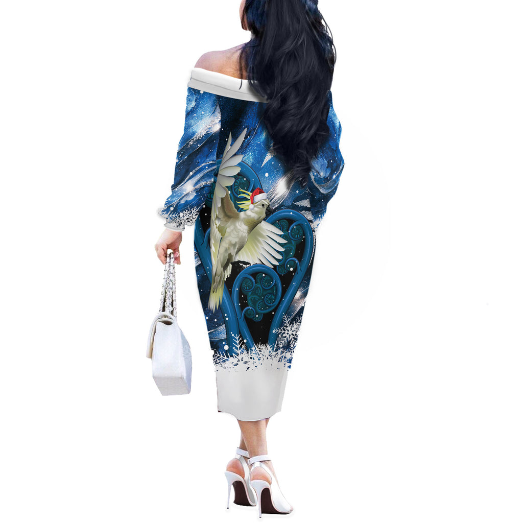 Sulphur-crested Cockatoo New Zealand Christmas In July Off The Shoulder Long Sleeve Dress NZ Aroha Koru Fern Marble Vibes