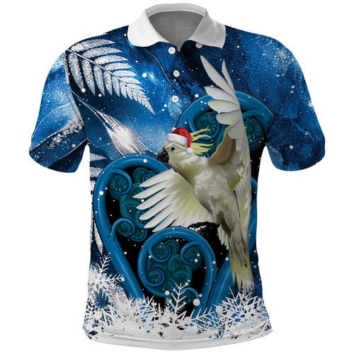 Sulphur-crested Cockatoo New Zealand Christmas In July Polo Shirt NZ Aroha Koru Fern Marble Vibes