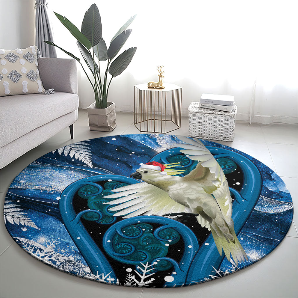 Sulphur-crested Cockatoo New Zealand Christmas In July Round Carpet NZ Aroha Koru Fern Marble Vibes