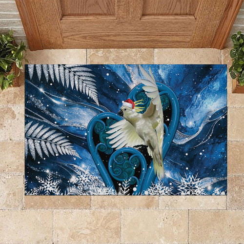 Sulphur-crested Cockatoo New Zealand Christmas In July Rubber Doormat NZ Aroha Koru Fern Marble Vibes