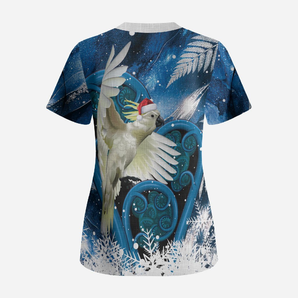 Sulphur-crested Cockatoo New Zealand Christmas In July Scrub Top NZ Aroha Koru Fern Marble Vibes