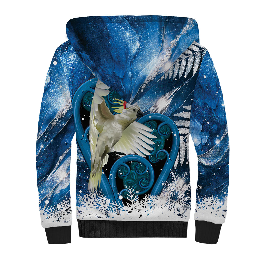 Sulphur-crested Cockatoo New Zealand Christmas In July Sherpa Hoodie NZ Aroha Koru Fern Marble Vibes