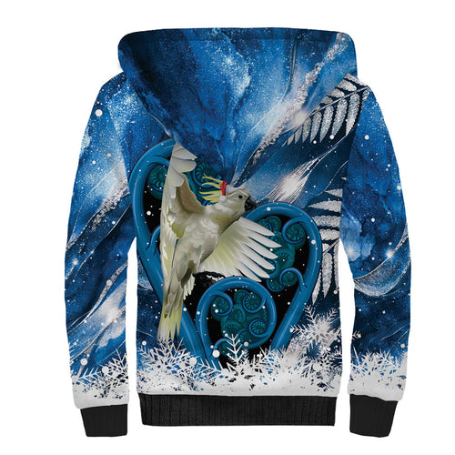 Sulphur-crested Cockatoo New Zealand Christmas In July Sherpa Hoodie NZ Aroha Koru Fern Marble Vibes