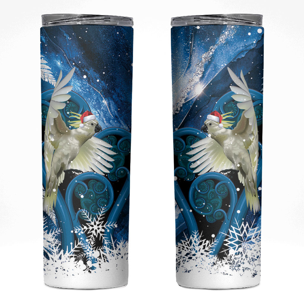 Sulphur-crested Cockatoo New Zealand Christmas In July Skinny Tumbler NZ Aroha Koru Fern Marble Vibes