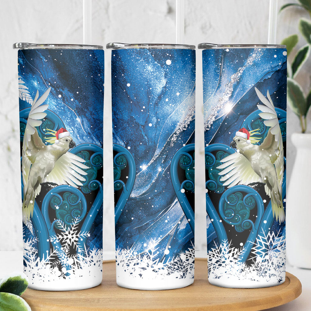 Sulphur-crested Cockatoo New Zealand Christmas In July Skinny Tumbler NZ Aroha Koru Fern Marble Vibes