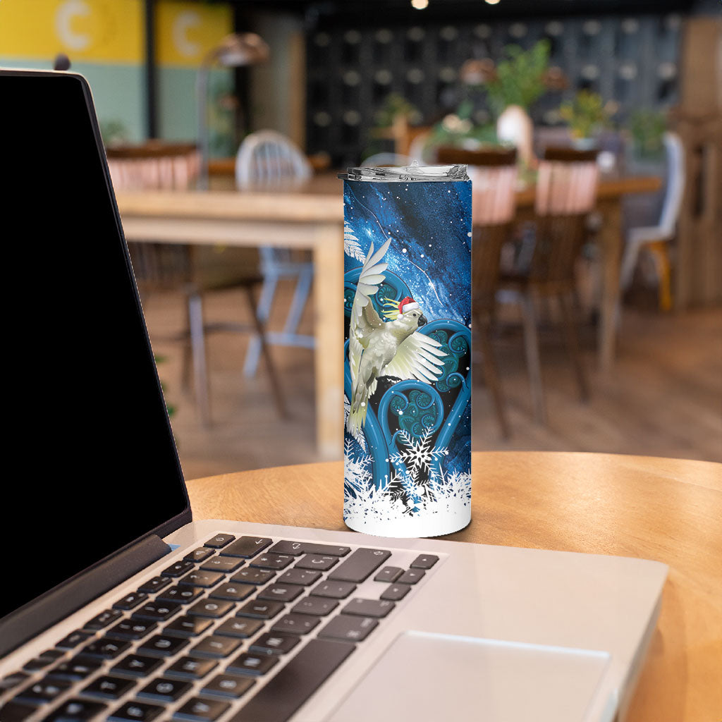 Sulphur-crested Cockatoo New Zealand Christmas In July Skinny Tumbler NZ Aroha Koru Fern Marble Vibes