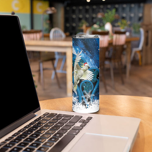Sulphur-crested Cockatoo New Zealand Christmas In July Skinny Tumbler NZ Aroha Koru Fern Marble Vibes