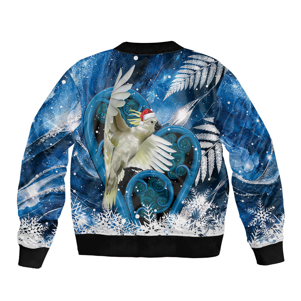Sulphur-crested Cockatoo New Zealand Christmas In July Sleeve Zip Bomber Jacket NZ Aroha Koru Fern Marble Vibes