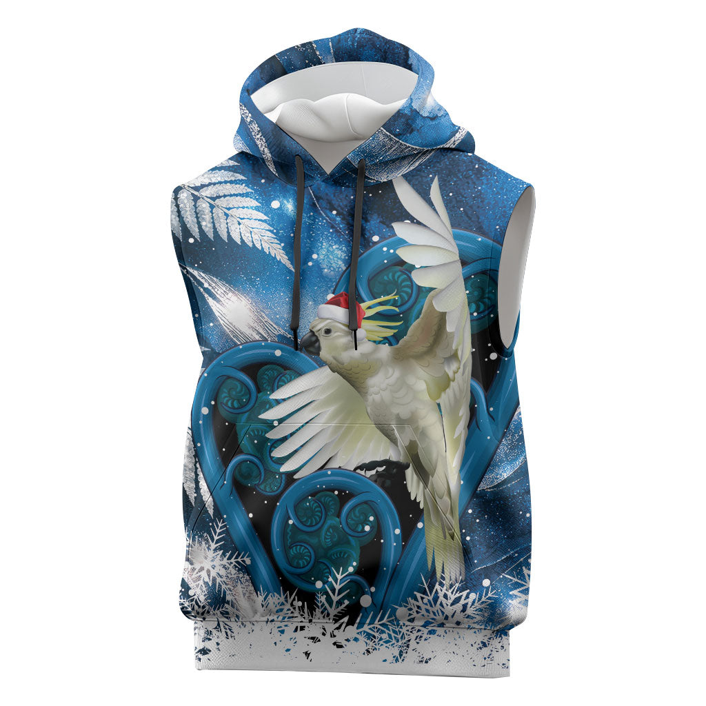 Sulphur-crested Cockatoo New Zealand Christmas In July Sleeveless Hoodie NZ Aroha Koru Fern Marble Vibes